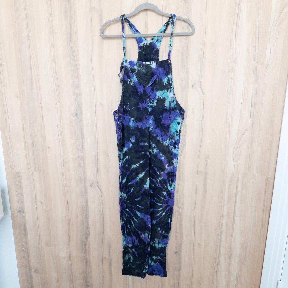 Women Tie Dye Overalls M Purple Blue Gauze Cotton Boho Hippie Festival Artsy